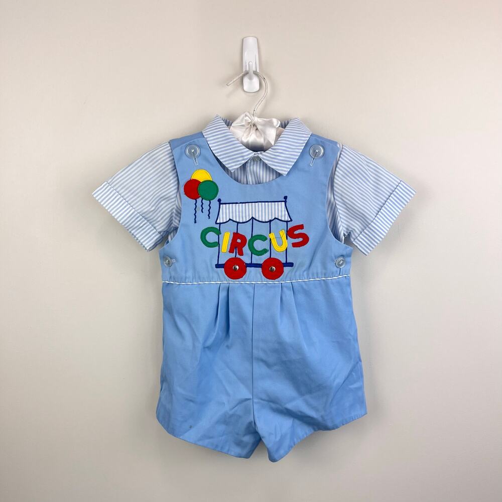 Vintage Blue Applique Circus Shortall Romper Set 3T